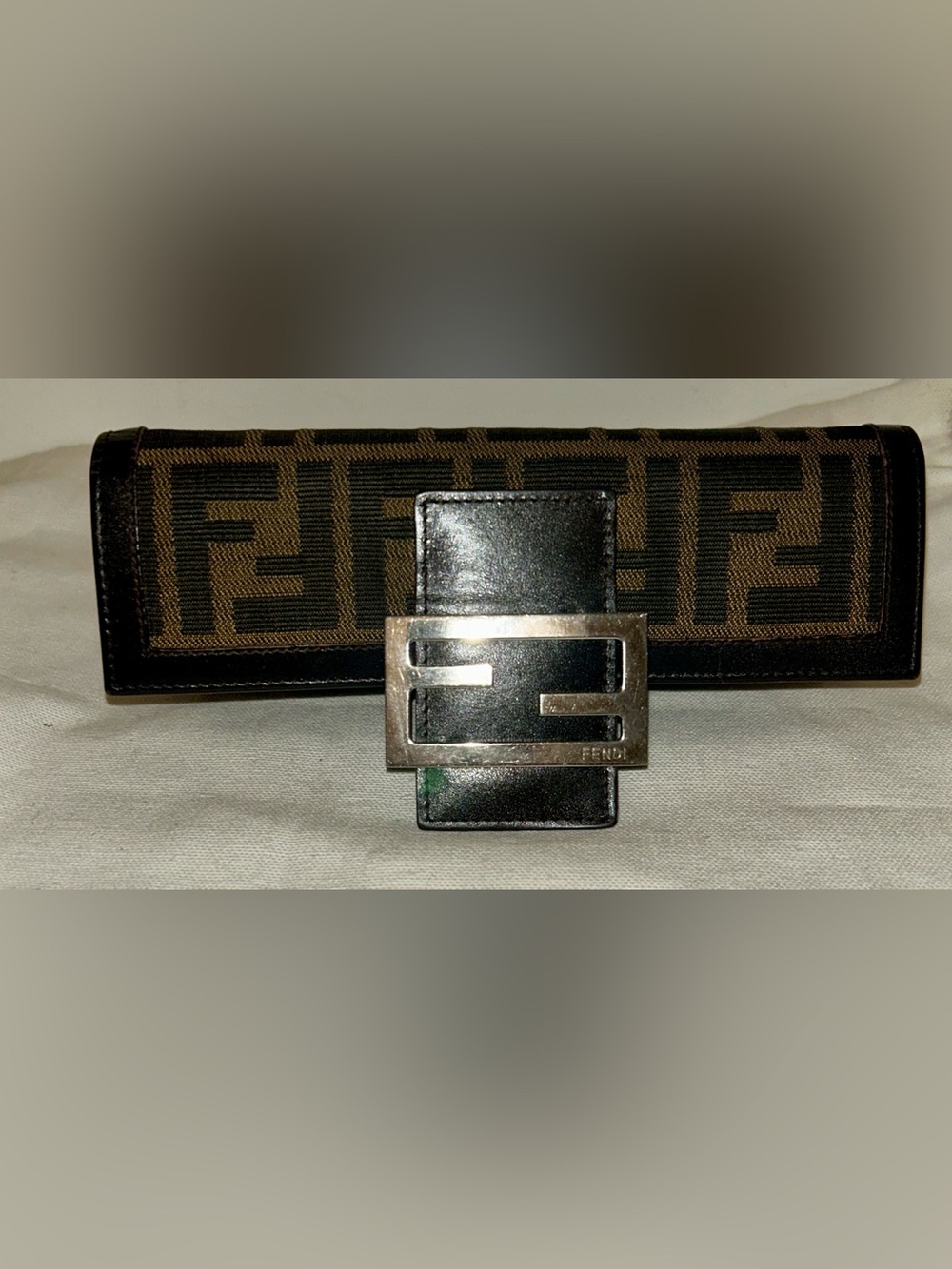 Fendi Brown and Black FF Logo Canvas Clutch with Silver F Buckle - Picture 10 of 10